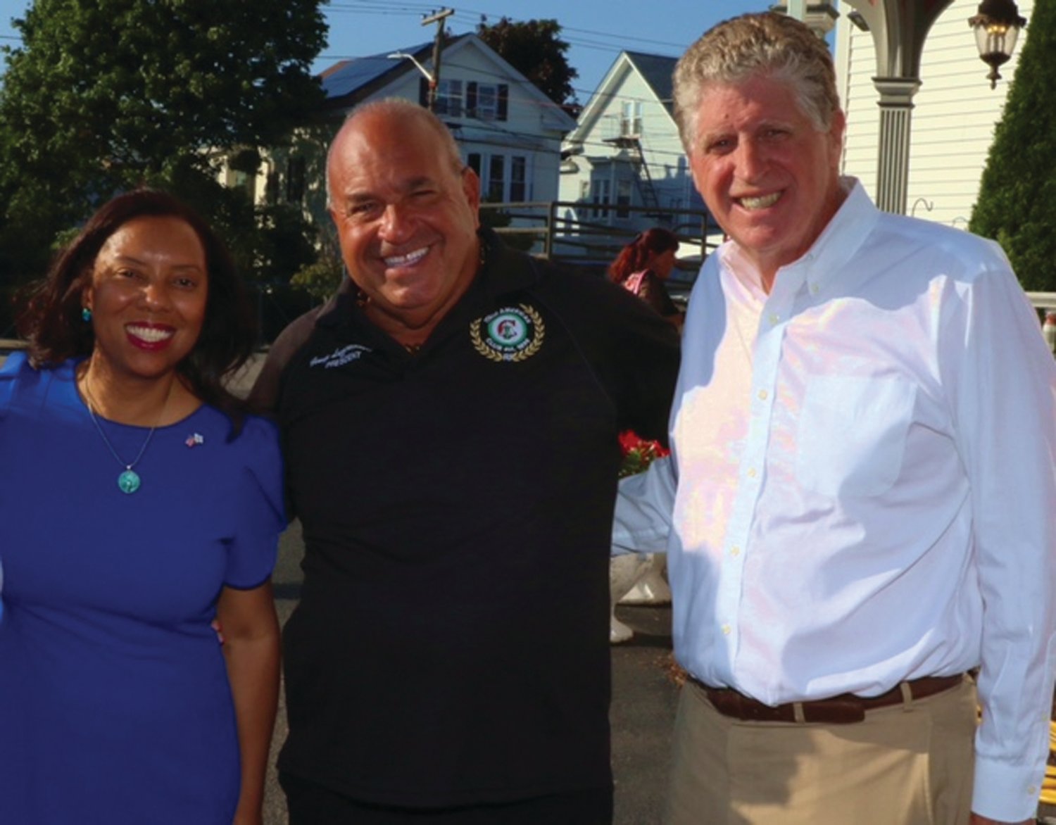 WARM WELCOME: Italo-American Club President and Johnston resident George Lazzareschi Jr. welcomes Gov. Dan McKee and Lt. Gov. Sabina Matos to last Friday night’s cookout and clambake in Providence.